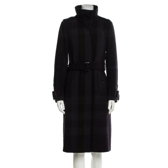 Burberry Long Wool Coat Black Navy Gray Belted Stand Collar Size 4 - Picture 1 of 8
